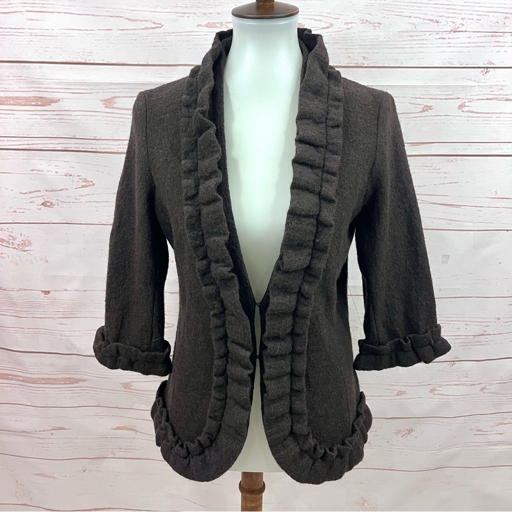 Susan Bristol Vintage Y2K Brown 100% Wool Boho Ruffle Cardigan Sweater Jacket